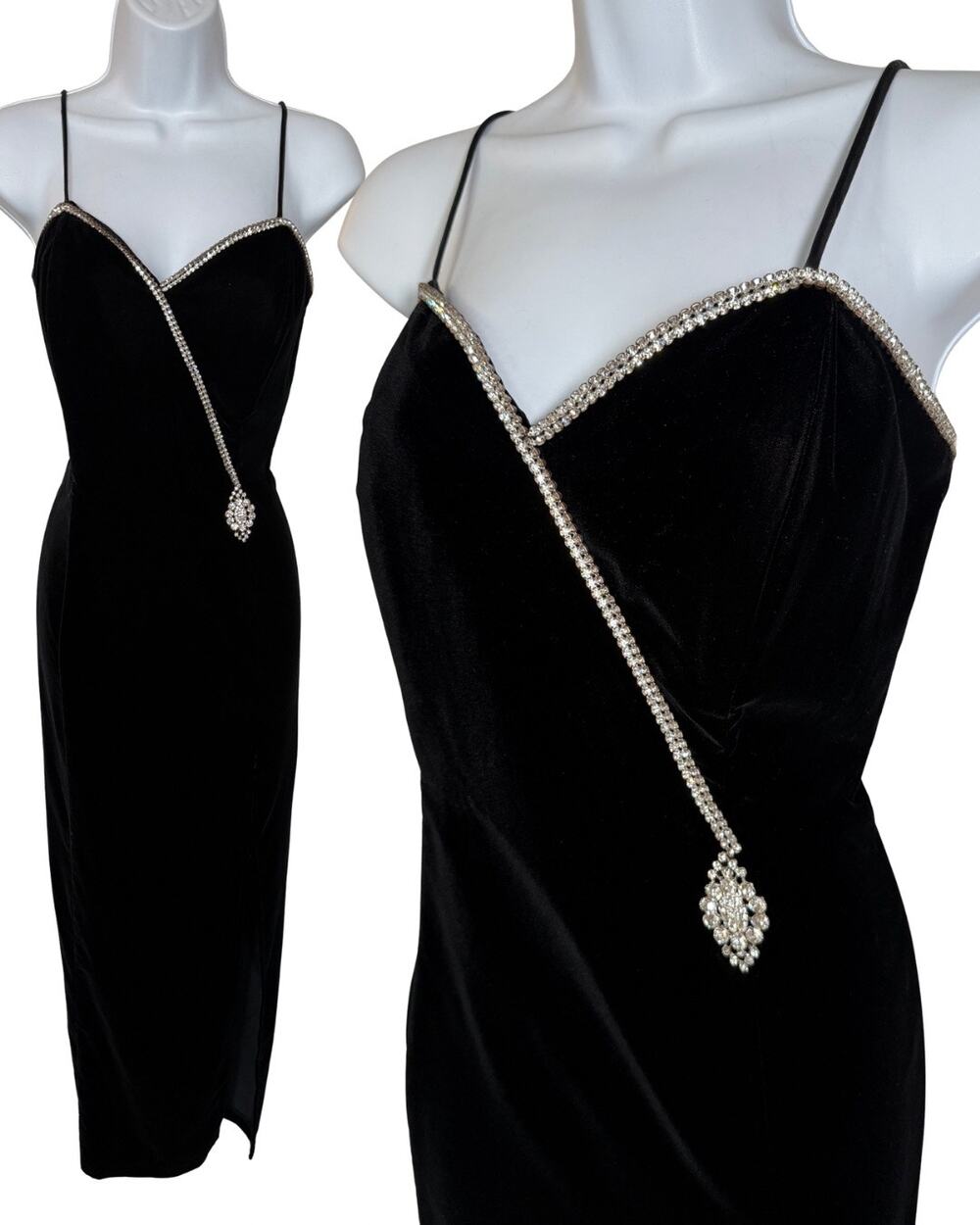 Vintage Betsy Adam Prom Dress 12 Black Velvet Corset Rhinestone 90s Hollywood